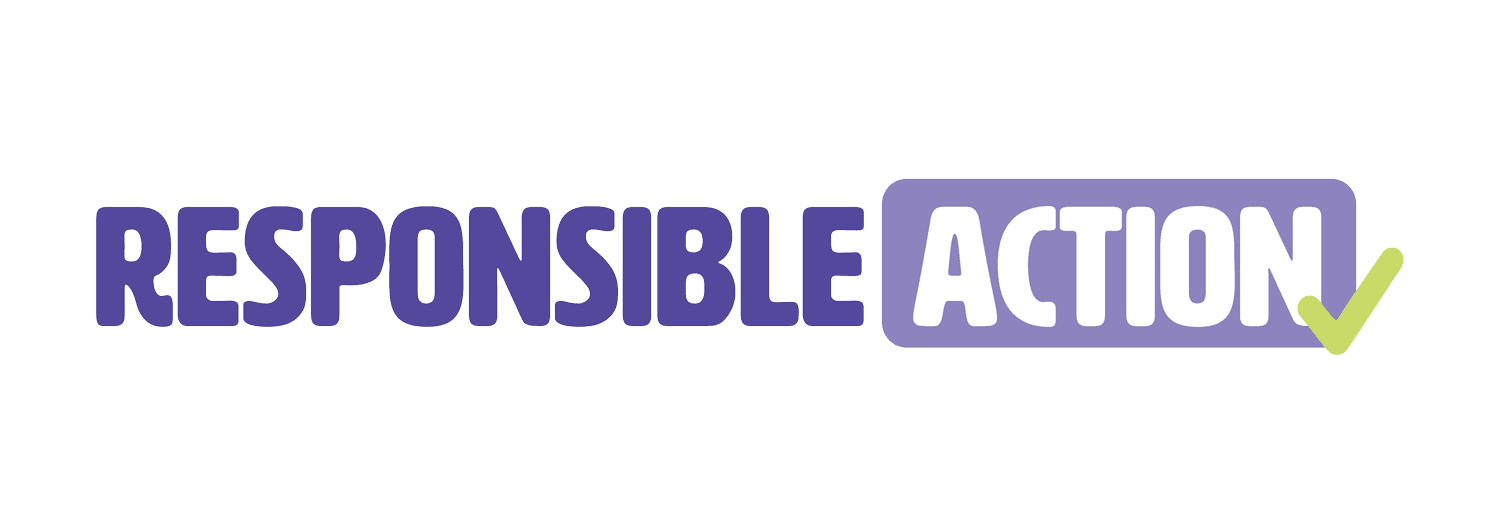"Responsible Action" Organization logo with purple letters and green checkmark
