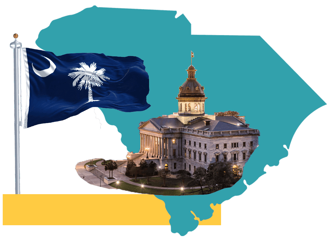 The South Carolina State flag and an outline of South Carolina state in blue with a cut out of the state capitol building.