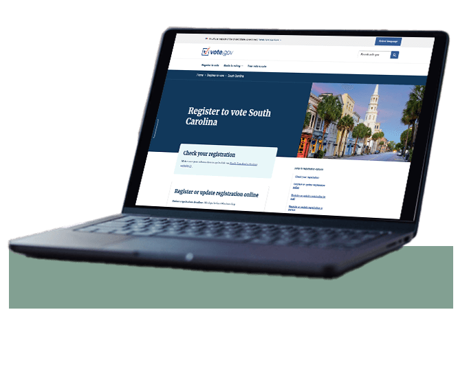 Cutout of a laptop showing the homepage of vote.gov's "Register to vote South Carolina" page